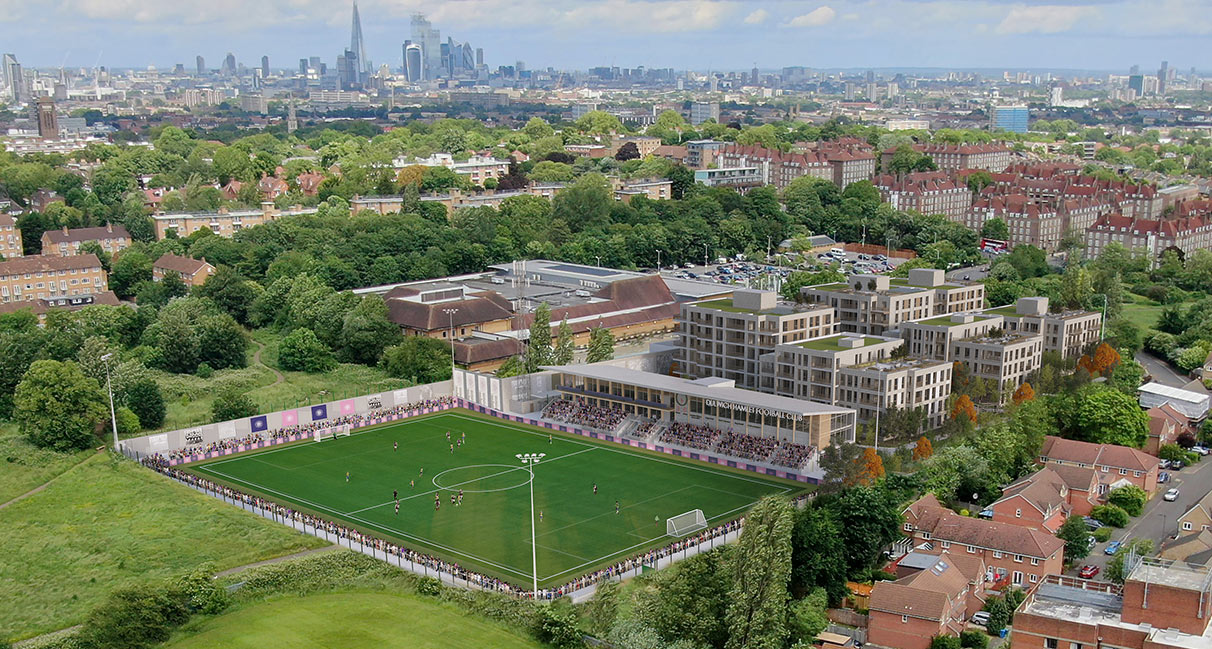 CGI of the new, controversial Dulwich Hamlet stadium on Green Dale astro turf pitch